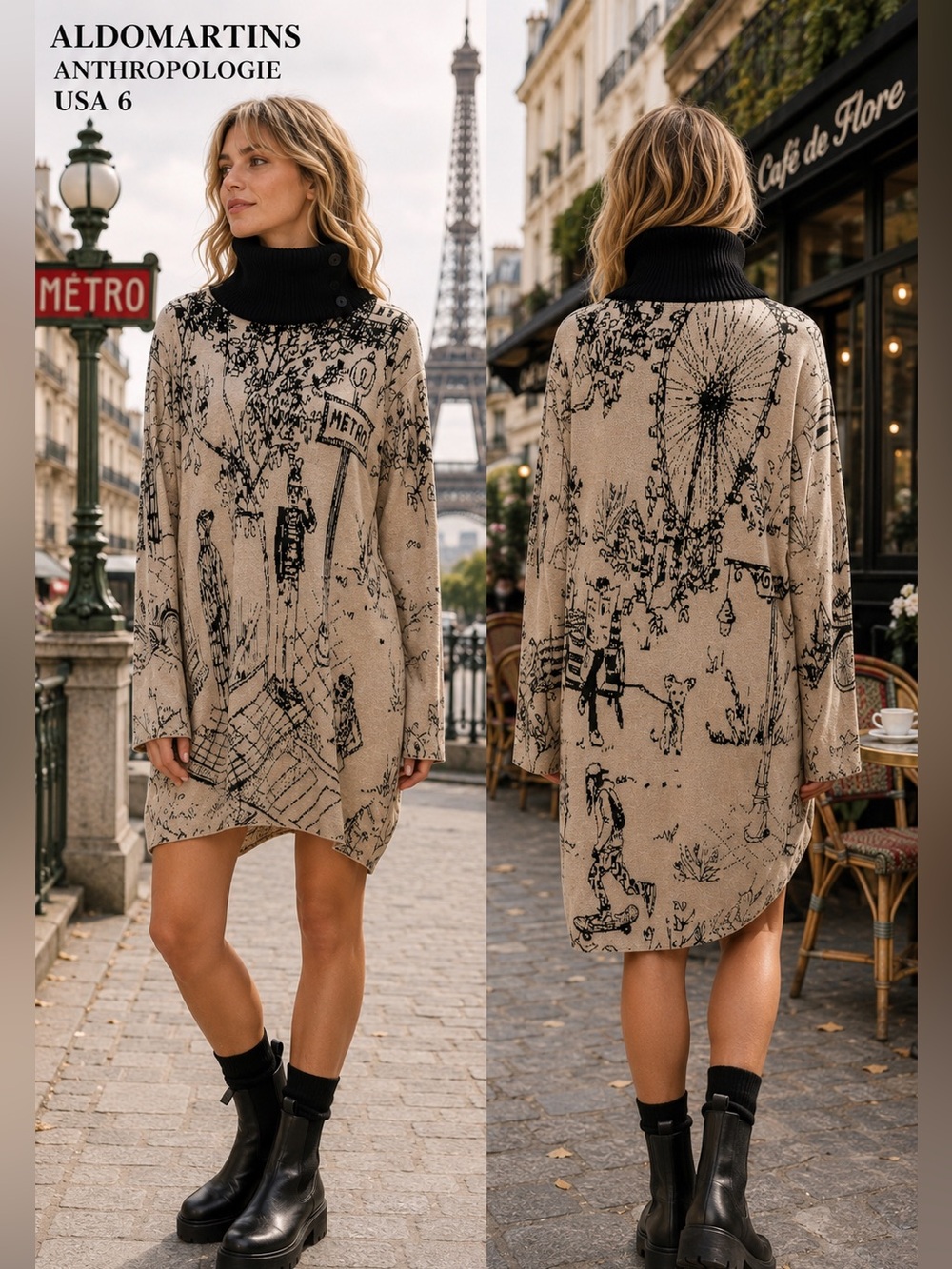 Aldomartins Anthropologie Sweater Dress 6 Graphic Wool Blend Art wear black tan